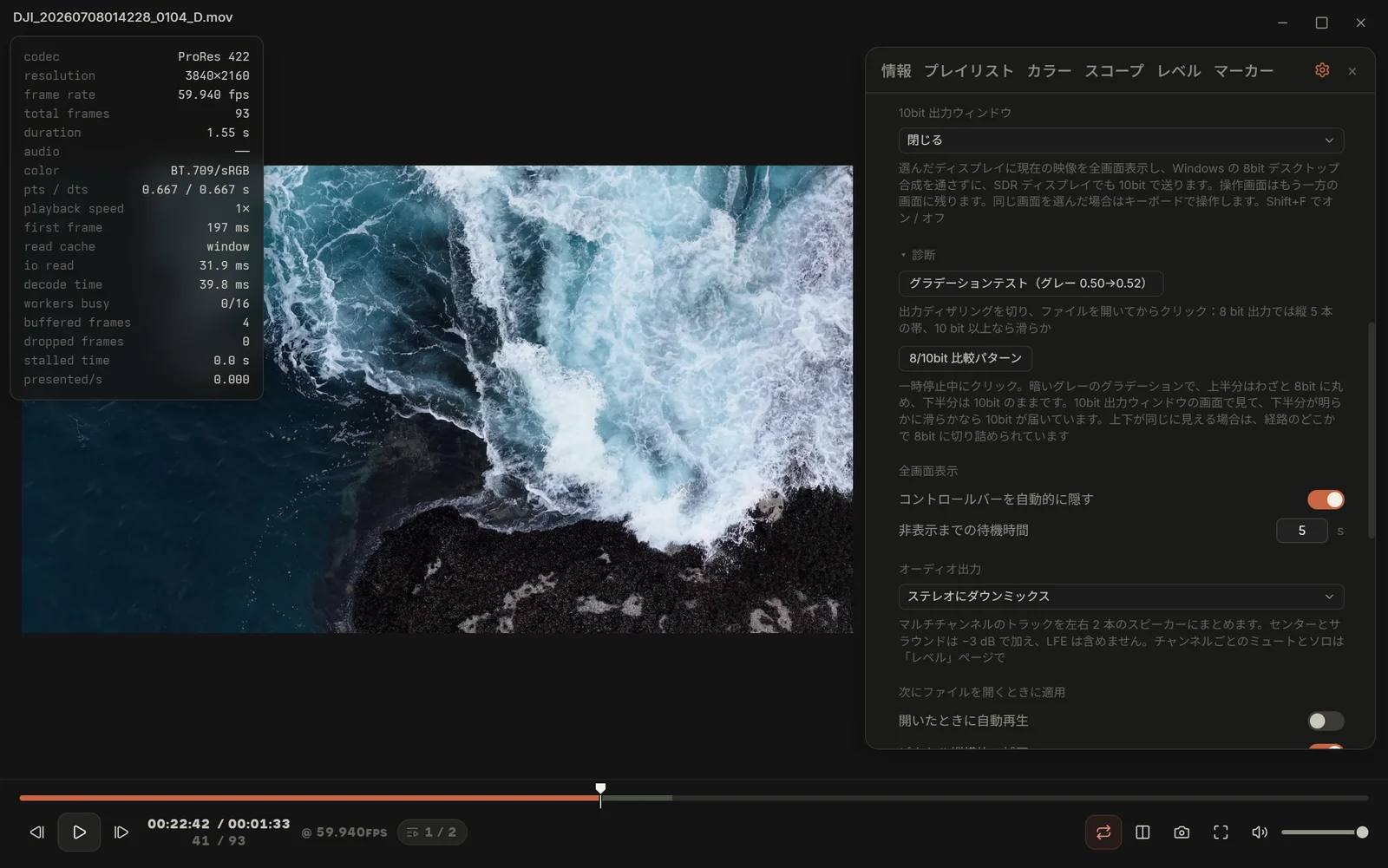 設定：10bit 出力ウィンドウと診断