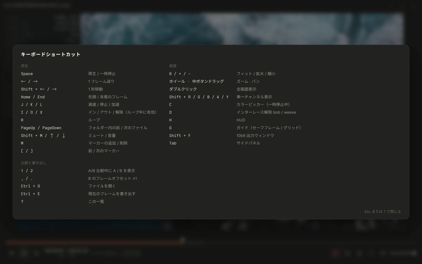 ? で表示されるショートカット一覧